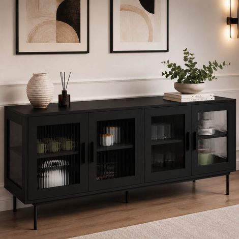 ZINEB Aparador 140 cm, 4 puertas de cristal, frente estriado negro (1/5)