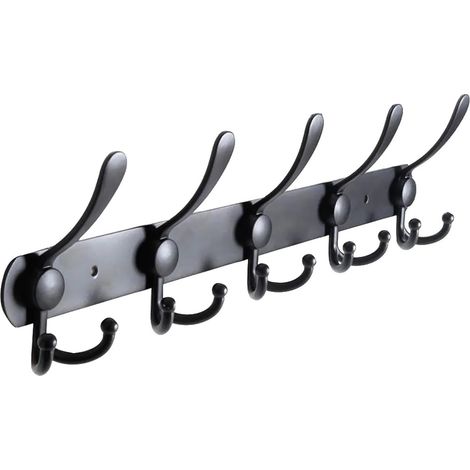 Perchero de pared con 5 ganchos metálicos resistentes, diseño en negro mate, para entrada o pasillo. (1/5)