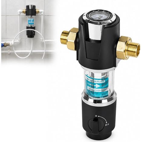 Filtre à eau domestique avec manomètre, pré-filtre en laiton 40 microns, réducteur de pression, filtre à eau avec tamis en acier inoxydable pour chauffe-eau, machine à laver (1,9 cm) (1/5)