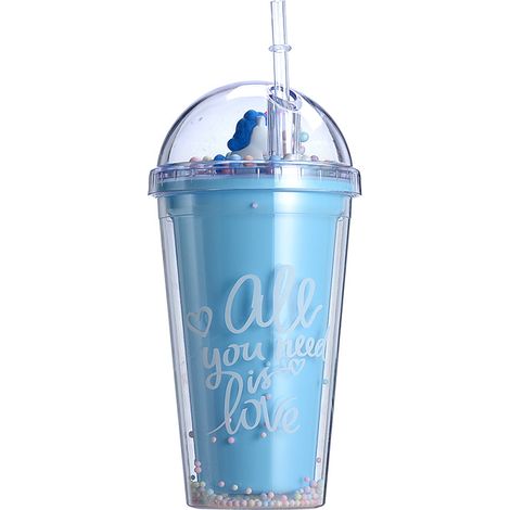 Double-Layer Cup with Screw-On Lid and Free Reusable Plastic Straw for Drinks, Smoothies, Iced and Cold Drinks, Decorated Cup, Cup with Straw (1/5)
