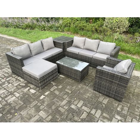 Fimous Ensemble de meubles de jardin en rotin avec Fauteuil Table basse Tables d'appoint grand tabouret Mélange gris foncé (1/5)