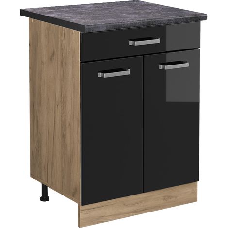 Meuble cuisine R-Line, Noir Haute brillance, 60 cm avec tiroir, PT Anthracite, Vicco