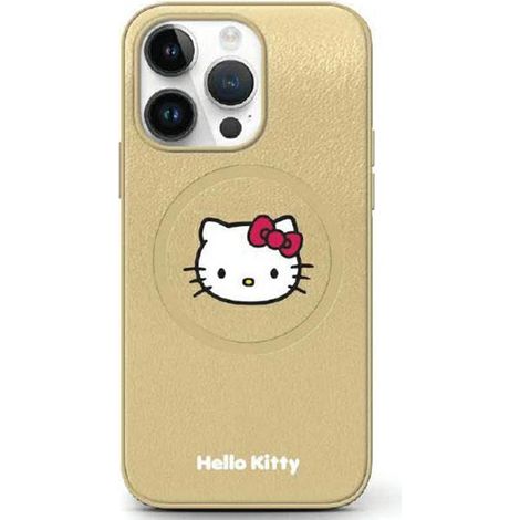 Coque rigide Hello Kitty HKHMP14SPGHCKD pour iPhone 14/15/13 6,1 pouces, or, en cuir, motif tête de chat, compatible MagSafe