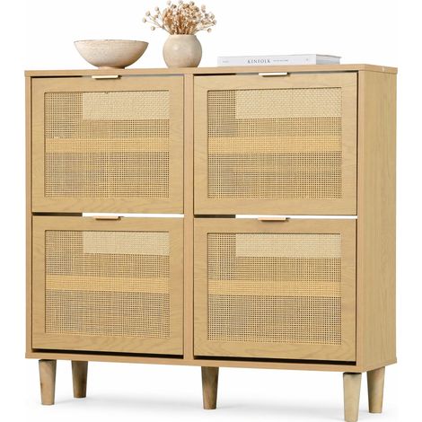 CHICFURN Meuble à chaussures à 4 abattants en résine tressée et métal, style bois clair, format compact pour entrée, couloir ou chambre, 100 x 25 x 90 cm (1/5)