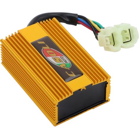 High-performance 6-pin CDI ignition with large housing  Compatible with GY6 50-150cc quads, karts, and mopeds  Waterproof, shockproof, and improves throttle response