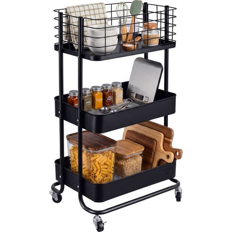 Carrito de ruedas Relaxdays (Al x An x Pr) 77 x 45 x 34 cm, acero, 3 niveles, baño, cocina y oficina, multiusos, negro (1/5)