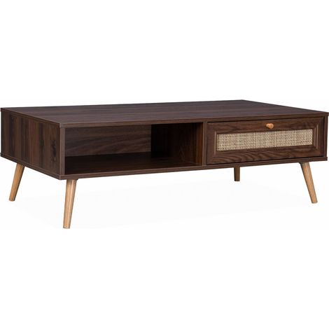 Coffee table with wood and cane effect, Boheme, Dark wood colour, 110x59x39 cm