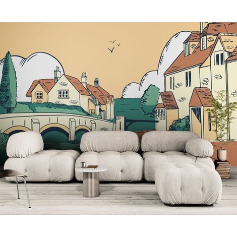 Papier peint Vintage – Village ancien et pont sur rivière - 150 x 250 cm (1/2)