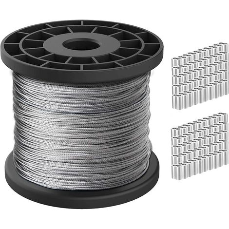 Câble Métallique 1/16, Câble Métallique en Acier Inoxydable 304, Longueur de 100 m 167 KG Résistance à la Rupture avec Manchon de Boucle de Pinces à Sertir en Aluminium 100 Pièces (1/5)