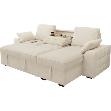 Ecksofa 3-Sitzer, Schlafsofa mit Stauraum, Verstellbare Rückenlehnen, Tisch mit USB und Getränkehaltern, Chenille Beige (1/5)