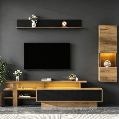 Ensemble mur salon 3 pièces LED meuble télé vitrine étagère adapté TV 80 pouces