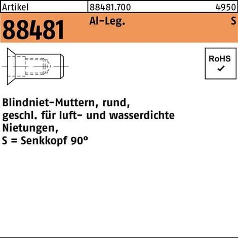 Tuerca remachable ciega R 88481 SEKO M6 /1,5 -4,5 Aluminio 500 piezas (1/2)