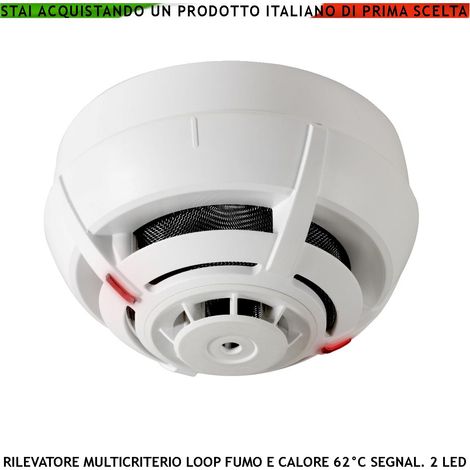Sensore di Fumo Rilevatore di Temperatura Multicriterio Antincendio Loop 2 Led Uscita OC 14 mA Segnalazione Remota Completo di Base di Fissaggio Morsetti di Collegamento Innesto Indirizzato Segnalato (1/4)