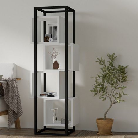 Navel Regal, Bücherregal 4 Böden, Freistehend, Strukturschattierung Eiche, 44x29x140h cm Weiß (1/4)