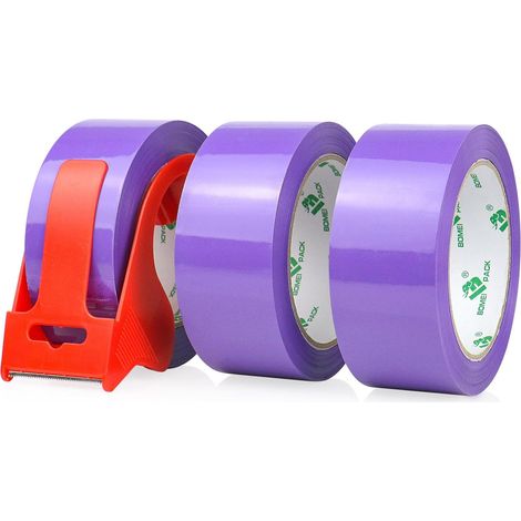 66m x 48mm Packing Tape - 3 Rolls with Dispenser, Strong Adhesive Printing for Parcel, Warehouse, E-Commerce (Purple) (1/5)
