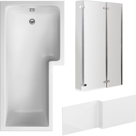 L Shape 1700x850 Shower Bath Set – Front Panel & Chrome 3 Panel Center Hinge Screen, Right Hand (1/4)