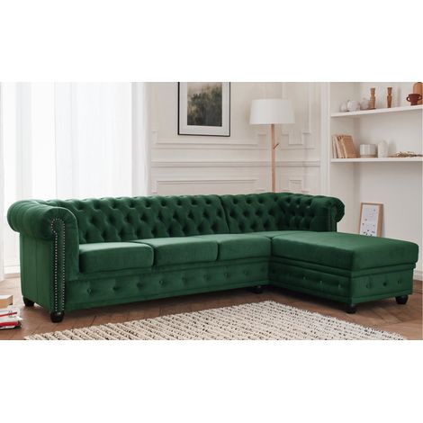 Lisa Design – Canapé d'angle droit 4 places – Velours 100% polyester vert – Style Chesterfield – Dimensions L256 x P172 x H72 cm (1/5)