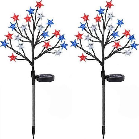 Lot de 2 lampes solaires d'extérieur à poser sur des pieux, étanches, pour cour et jardin, avec décoration LED rouge, blanche et bleue (4 juillet 2026). (1/4)