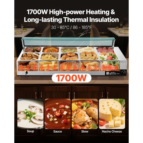 Chauffe-Plat Électrique à Vapeur 1700 W, Buffet Chauffant en Inox, Bain-marie avec 10 Bacs de 1/2, Couvercle en Verre et Louches à… (1/5)