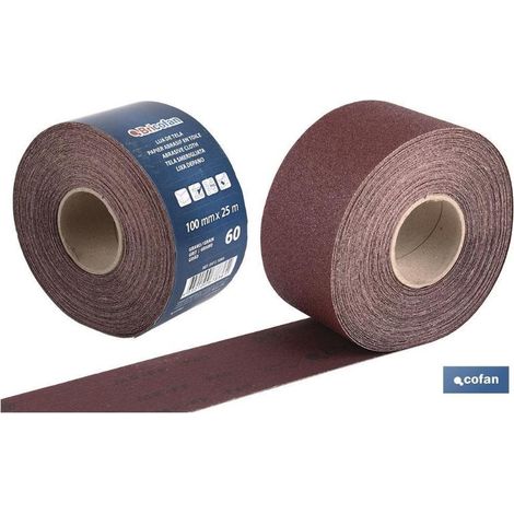 COFAN rollo lija tela universal 100 x 25 m. g.120 , Rollo de lija de tela Universal con medida en 100mm x 25 metros y granos desde 60 hasta 180.