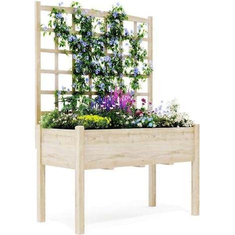 Bac de culture surélevé en bois avec treillis, pieds intégrés, pour légumes et plantes grimpantes jardin terrasse (1/5)