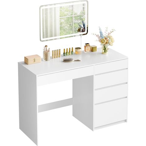 WOLTU Tocador, Mesa de Maquillaje 2 en 1 con Luces LED, Espejo Rectangular, 5 Cajones, Diseño Moderno, Blanco