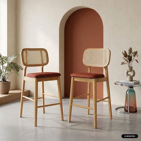 Lot de 2 tabourets de bar bois d'hévéa cannage et tissu 66.5cm - Mani Naturel / Terracotta