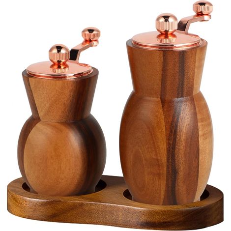 2-teiliges Pfeffer- und Salzmühlen-Set aus Akazienholz – Verstellbare grobe und feine Pfeffermühle und Salzmühle – 10 und 12,5 cm Durchmesser mit elegantem Sockel