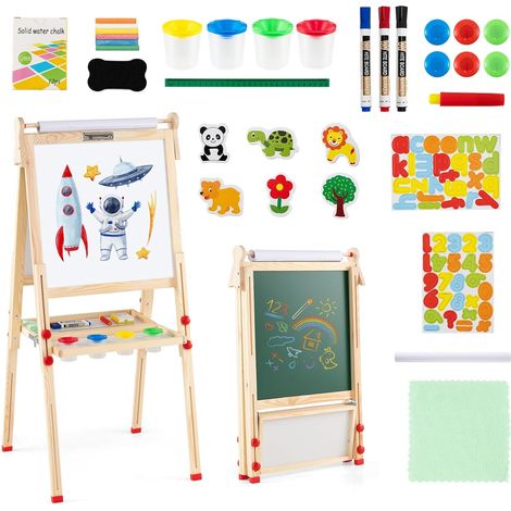 COSTWAY 3 en 1 Tableau Enfant Double Face avec Rouleau de Papier & Tableau Noir/Blanc, Chevalet Enfant Pliable avec Étagère & Hauteur Réglable, 27 Accessoires pour 3-14 Ans (59,5x65x147cm) (1/5)
