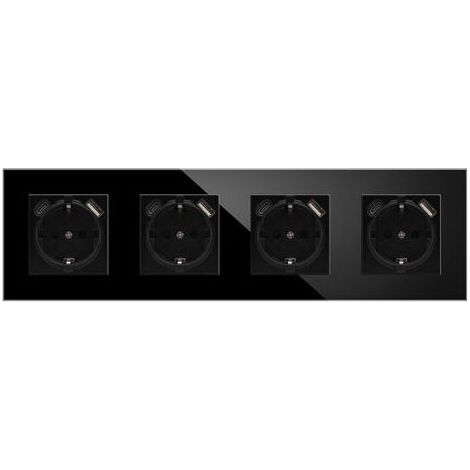 Quadruple Prise Murale avec 4 Ports USB,16A Prise de Courant Alternatif avec Panneau en Verre,Multiprise Murale Max 2.1A,Convient au Smartphone, à la Tablette (4 Prise avec 1 Ports USB,Noir)