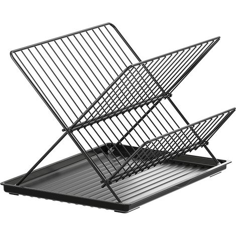 Égouttoir à vaisselle pliable en acier carbone/inox, 2 niveaux, plateau d'eau amovible, pour couverts, assiettes, tasses (1/5)