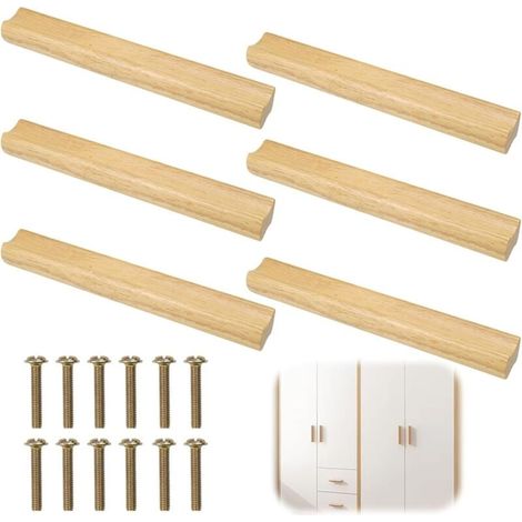 6 Pièces Poignée Meuble Bois 160mm, Poignee de Meuble Cuisine Bois, Cuisine Poignées de Tiroir en Bois avec Vis, Bois Massif Poignee de Meuble, pour Portes, Tiroirs, Armoires (1/4)