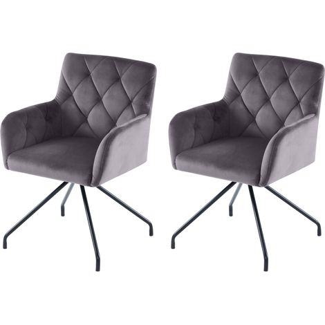 Ensemble 2 chaises salle à manger motif losange, fauteuil rembourré pieds métal, chaise longue moderne, velours gris (1/5)