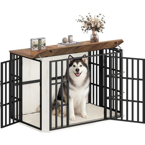 Cage pour Chien, Heavy Cage en Bois avec Porte d'alimentation Supérieure, Design Multi-Portes, Grande Table d'appoint pour Cages pour Chien,Blanc et Marron