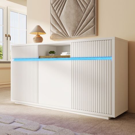 FLORAGRACE Sideboard blanc LED 140x40x85 cm, en bois blanc 2 tiroirs, 3 portes, étagères réglables (1/5)