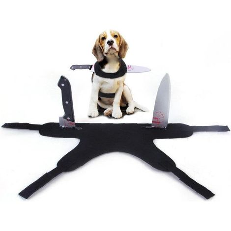 Costume d'Halloween pour animaux de compagnie : gilet ensanglanté avec couteau pour chiens et chats, accessoire de cosplay horrifique, taille L (1/4)