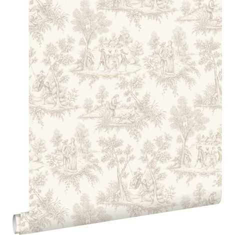 papier peint toile de jouy beige  - ESTAhome