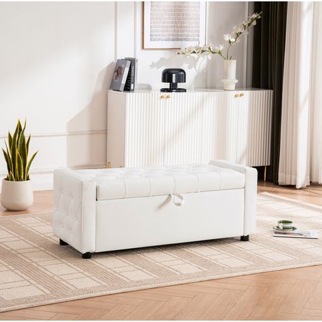 Banco otomano con almacenaje (100.5x46x29 cm), asiento tapizado, compartimento oculto, madera y tejido blanco (1/5)