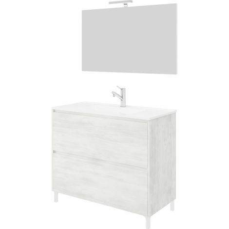 Bodenstehender Badezimmerschrank 80 cm aus weißem Eichenholz mit Waschbecken und Spiegel – Francia - mit Kolonne Spiegel und LED Lampe