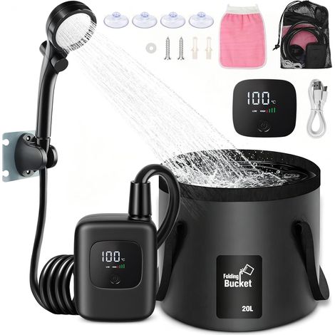 Kit Douche de Camping, Camping Douche Portable Rechargeable 3600mAh, avec Afficheur Intelligent et Pomme de Douche 4 Modes pour Extérieure, Camping, Randonnée (1/5)