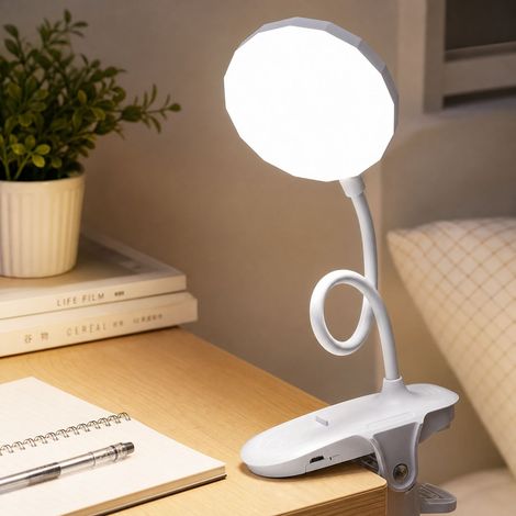 Wiederaufladbare und kabellose LED-Klemm-Leselampe mit 1-100% Touch-Dimmer, 3 Farbtemperaturen und einem um 360° flexiblen Arm, ideal fürs Büro. (1/4)