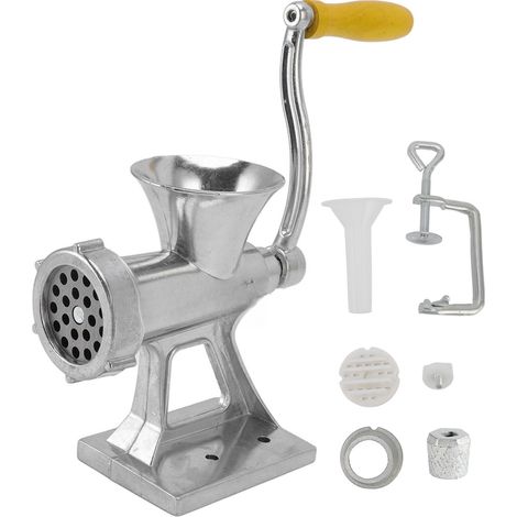 Picadora de carne manual plateada, pequeña y fácil de usar, con mango, ideal para el hogar, restaurantes y carnicerías. (1/5)