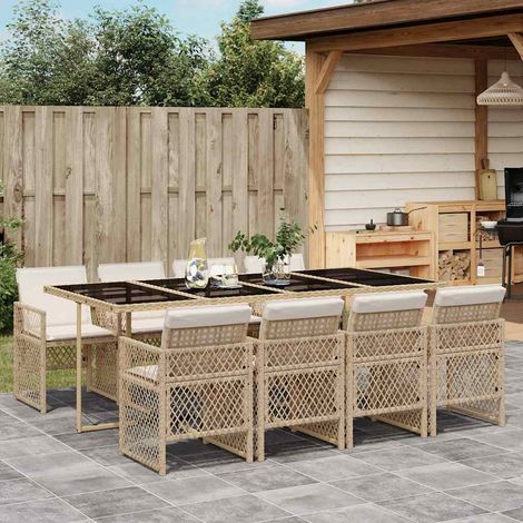Salon de jardin 9 pièces avec table et 8 chaises, polyrotin beige, coussins - PANGIVO (1/5)