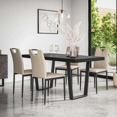 Aria Dining Table And Chairs -  Black Table Top w Black Legs + Monza Faux Leather Dining Chair Set Of 4 (Beige) (1/5)
