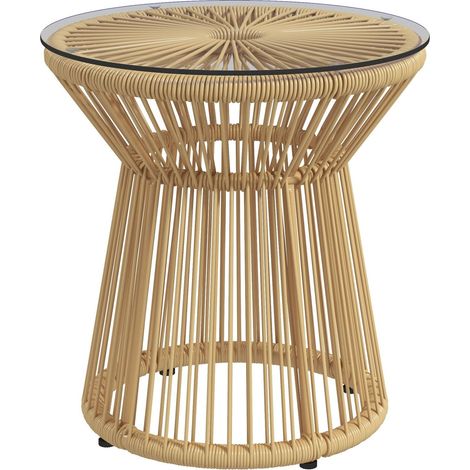 Mesa auxiliar redonda, mesa de centro con tablero de cristal, diseño de tambor hueco, mesa de jardín para terraza, metal beige