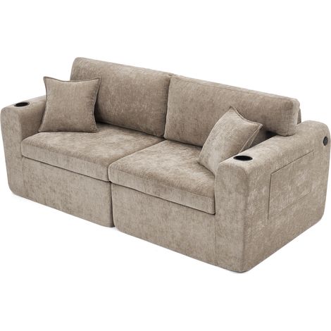 Canapé relax 2 places pour petits espaces, en tissu chenille doux, avec poche latérale pour magazines, porte-gobelet et coussins, adapté au salon, au bureau, à la chambre d'amis et aux appartements, m (1/5)