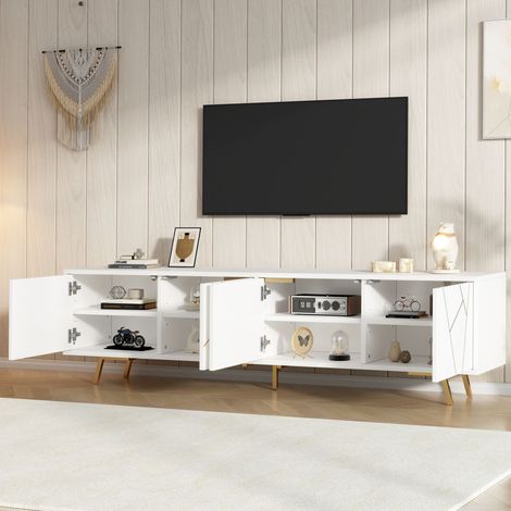Meuble TV 190x40x51,5cm 4 portes 5 pieds métalliques,adapté téléviseur 85 pouces design or blanc pour salon.