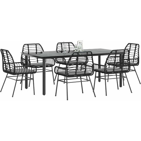 Ensemble repas de jardin 7 pièces, table et 6 chaises en poly rotin noir avec coussins - PANGIVO (1/5)