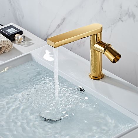Robinet de lavabo à poignée unique, robinet à poser, robinet en laiton, robinet monotrou, idéal pour les salles de bain et les cuisines (doré, profil bas)