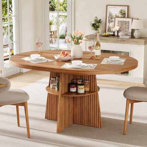 REDOM - Mesa de comedor redonda extensible – 110–150 x 110 x 77,5 cm – Con tablero extensible – Mesa de madera efecto nogal (1/5)